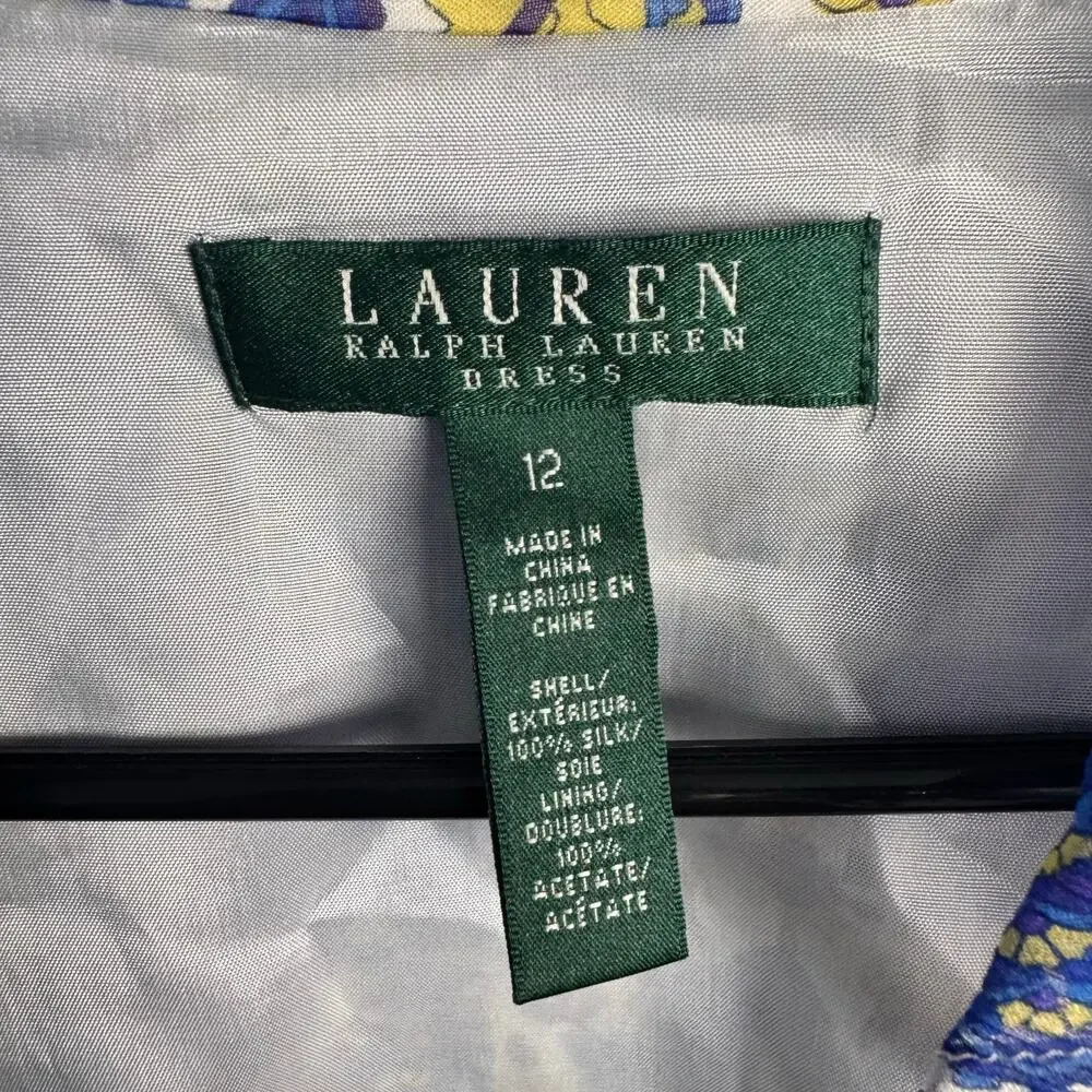 Lauren Ralph Lauren Silk Paisley Wrap Dress Size 12 Ruffle V-Neck Blue Purple - Picture 7 of 7